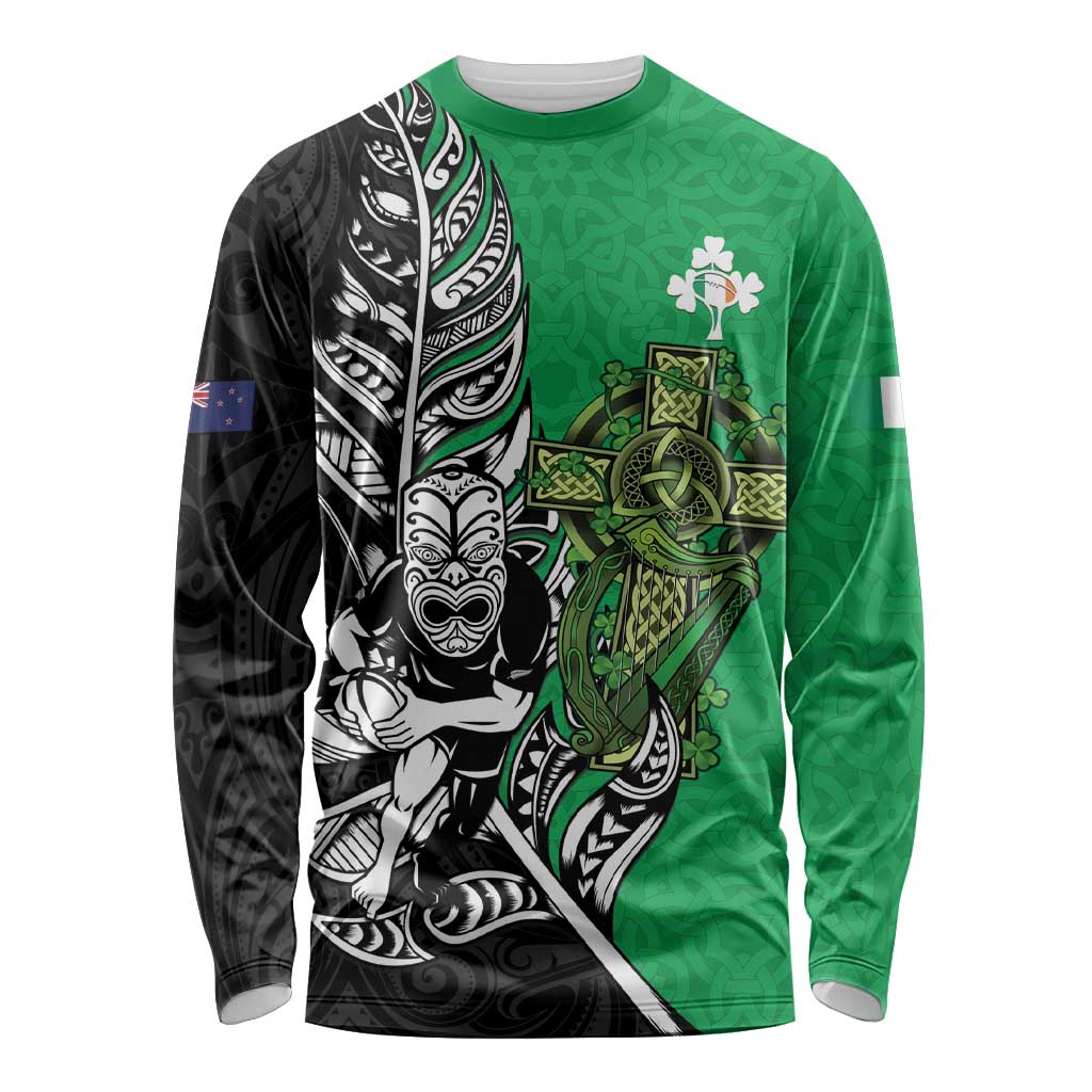New Zealand and Ireland Rugby Custom Long Sleeve Shirt Maori Tiki Fern Irish Celtic Cross - Polynesian Pride