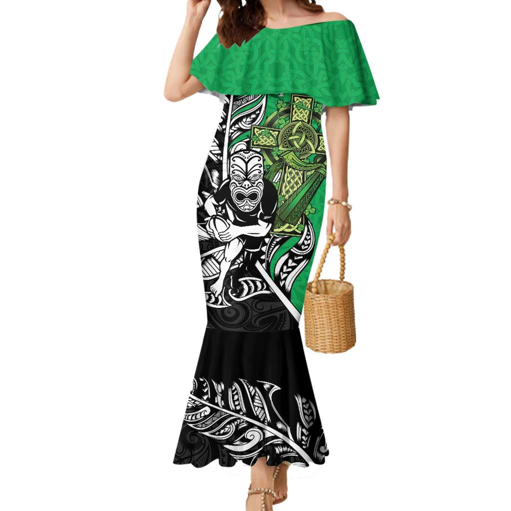 New Zealand and Ireland Rugby Custom Mermaid Dress Maori Tiki Fern Irish Celtic Cross - Polynesian Pride