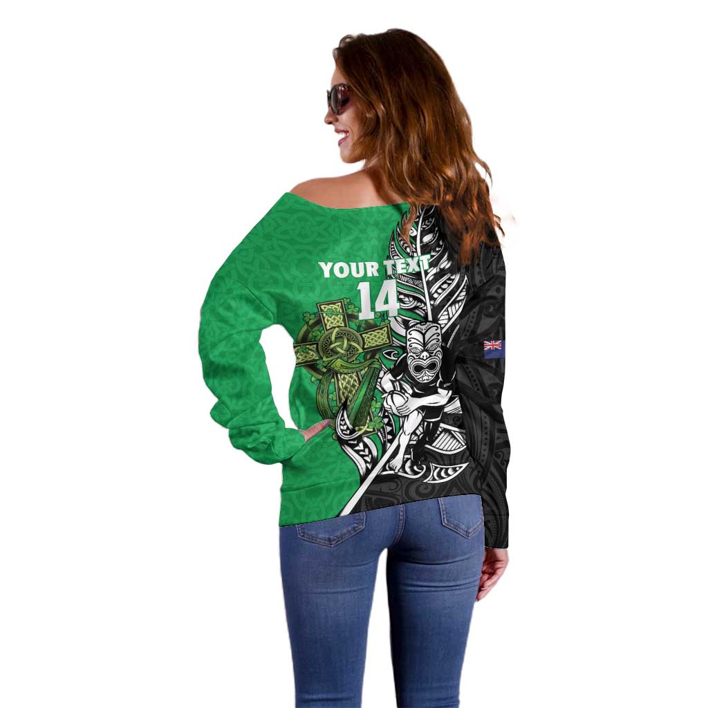New Zealand and Ireland Rugby Custom Off Shoulder Sweater Maori Tiki Fern Irish Celtic Cross - Polynesian Pride