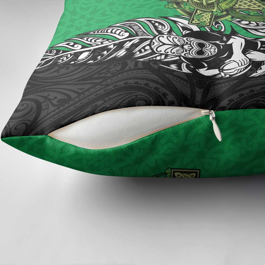 New Zealand and Ireland Rugby Custom Pillow Cover Maori Tiki Fern Irish Celtic Cross - Polynesian Pride