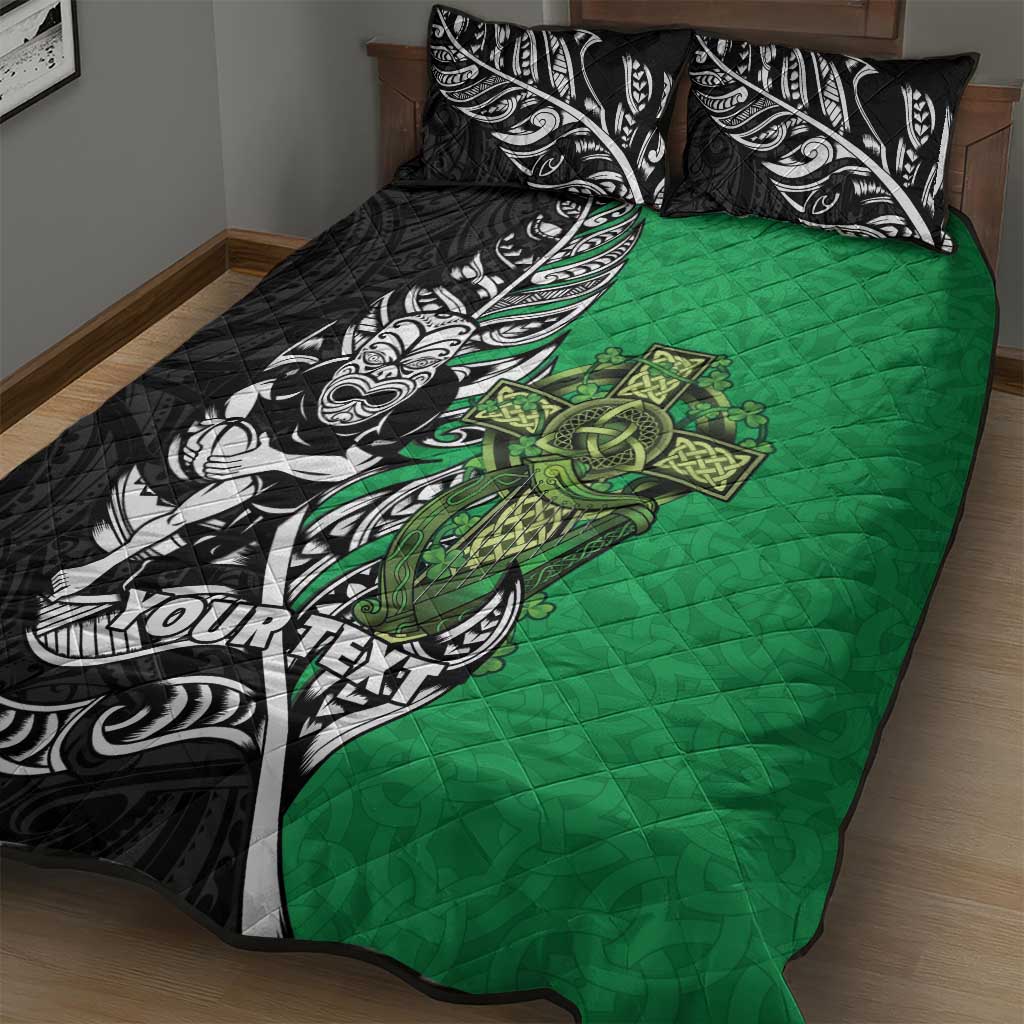 New Zealand and Ireland Rugby Custom Quilt Bed Set Maori Tiki Fern Irish Celtic Cross - Polynesian Pride