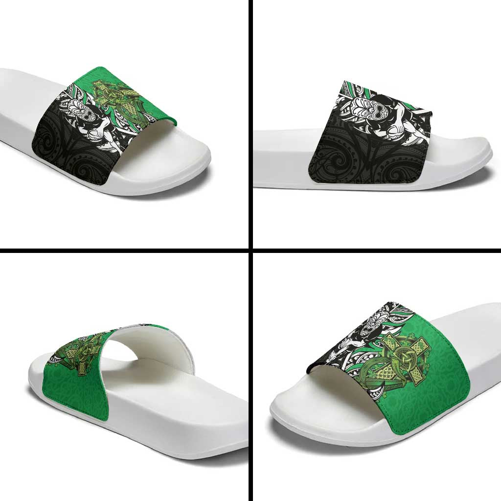 New Zealand and Ireland Rugby Custom Slide Sandals Maori Tiki Fern Irish Celtic Cross - Polynesian Pride