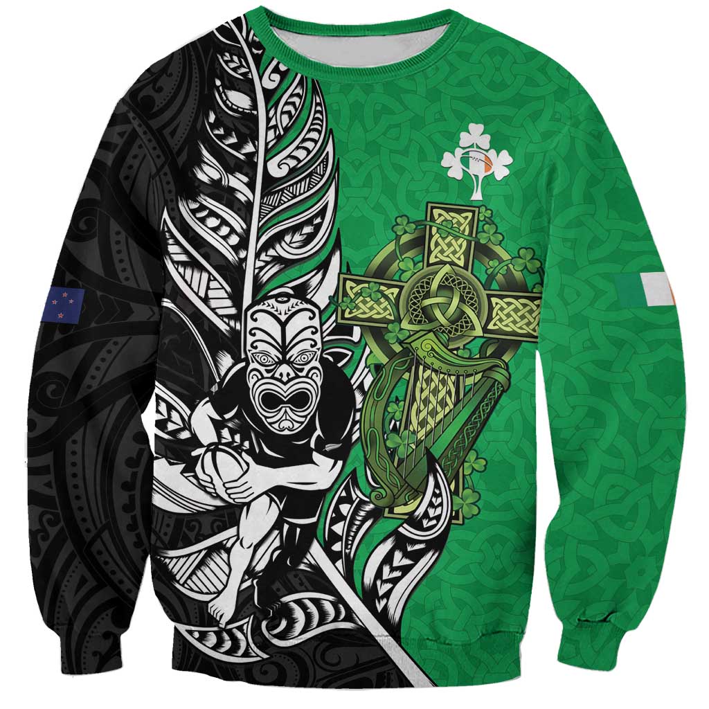 New Zealand and Ireland Rugby Custom Sweatshirt Maori Tiki Fern Irish Celtic Cross - Polynesian Pride