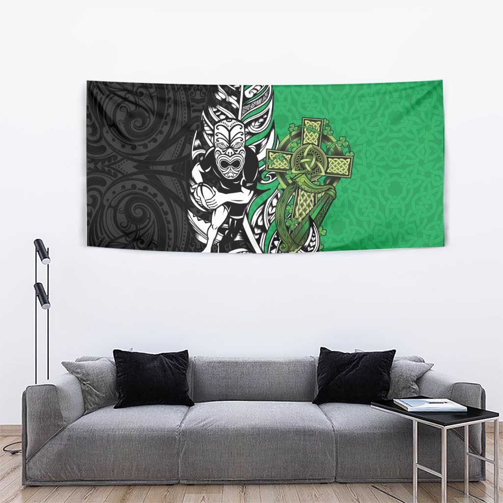 New Zealand and Ireland Rugby Custom Tapestry Maori Tiki Fern Irish Celtic Cross - Polynesian Pride