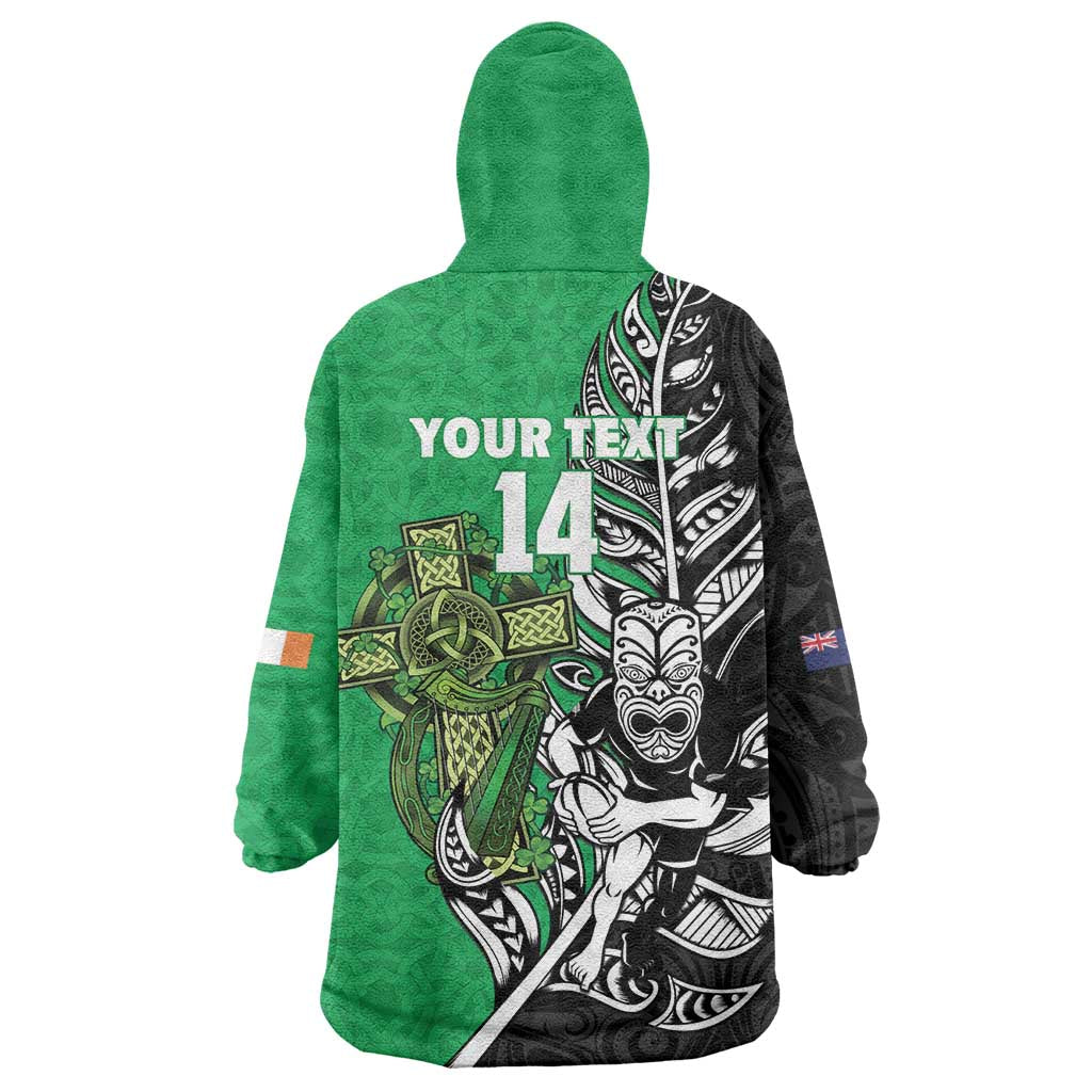 New Zealand and Ireland Rugby Custom Wearable Blanket Hoodie Maori Tiki Fern Irish Celtic Cross - Polynesian Pride