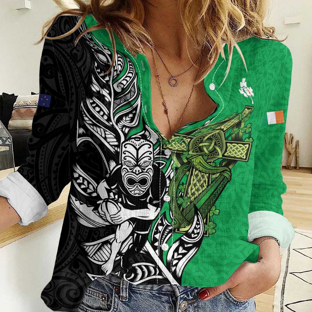 New Zealand and Ireland Rugby Custom Women Casual Shirt Maori Tiki Fern Irish Celtic Cross - Polynesian Pride