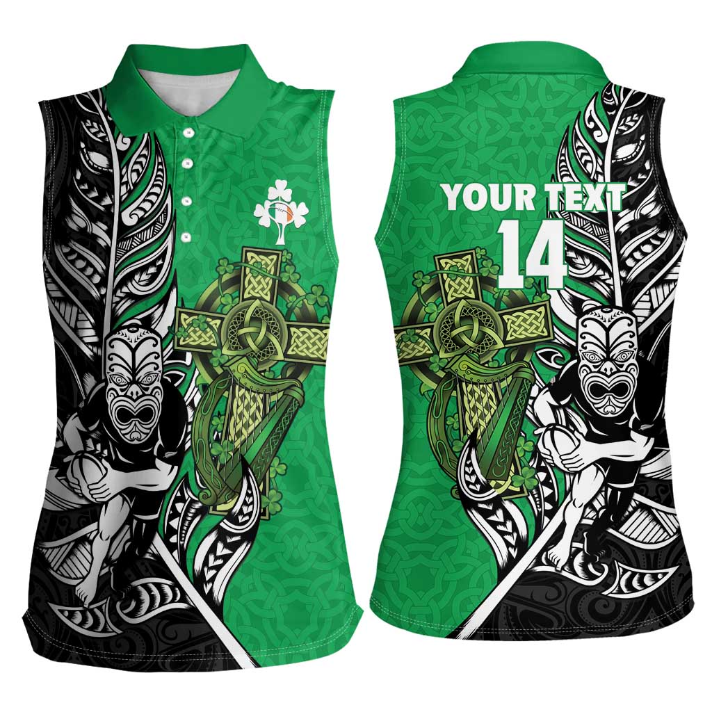 New Zealand and Ireland Rugby Custom Women Sleeveless Polo Shirt Maori Tiki Fern Irish Celtic Cross - Polynesian Pride