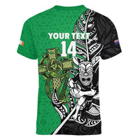 New Zealand and Ireland Rugby Custom Women V-Neck T-Shirt Maori Tiki Fern Irish Celtic Cross - Polynesian Pride