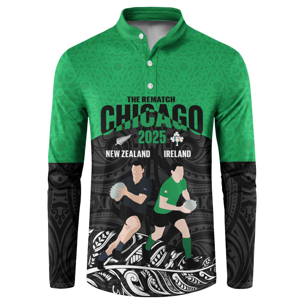 New Zealand and Ireland Rugby Custom Button Sweatshirt Chicago 2025 Go All Black Shamrocks - Polynesian Pride