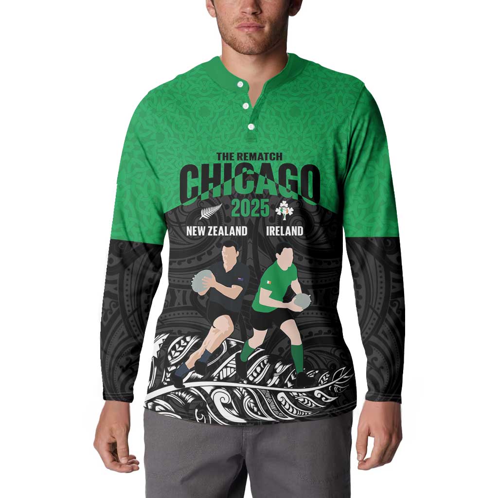 New Zealand and Ireland Rugby Custom Button Sweatshirt Chicago 2025 Go All Black Shamrocks - Polynesian Pride