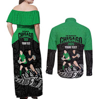 New Zealand and Ireland Rugby Custom Couples Matching Off Shoulder Maxi Dress and Long Sleeve Button Shirt Chicago 2025 Go All Black Shamrocks - Polynesian Pride