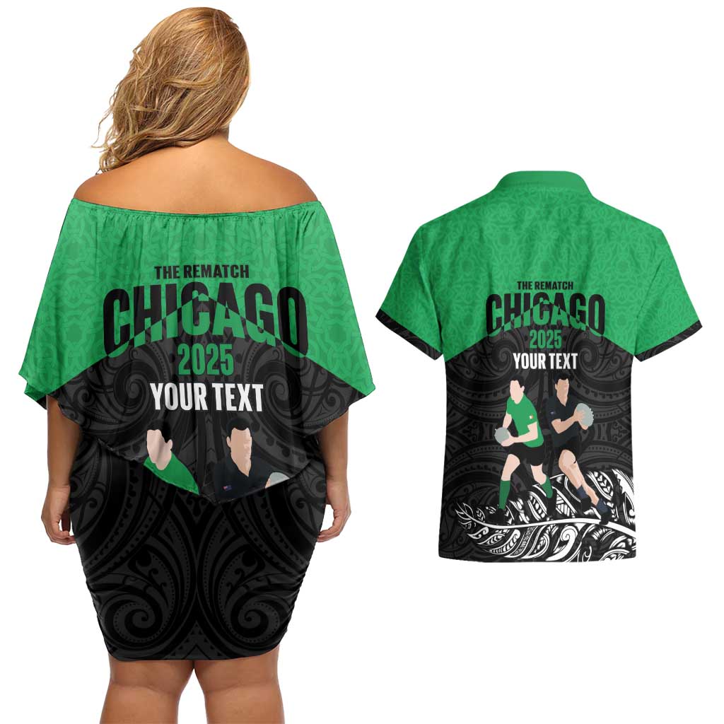 New Zealand and Ireland Rugby Custom Couples Matching Off Shoulder Short Dress and Hawaiian Shirt Chicago 2025 Go All Black Shamrocks - Polynesian Pride