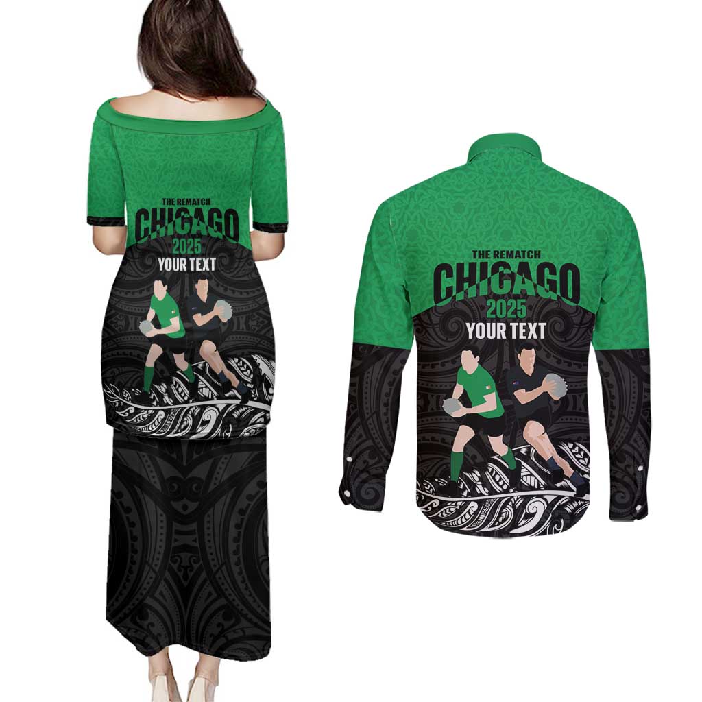 New Zealand and Ireland Rugby Custom Couples Matching Puletasi and Long Sleeve Button Shirt Chicago 2025 Go All Black Shamrocks - Polynesian Pride