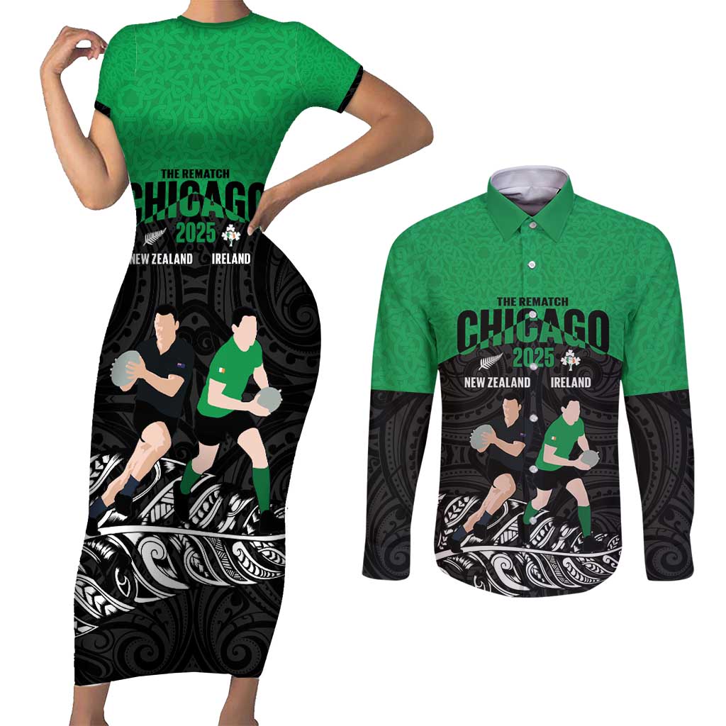 New Zealand and Ireland Rugby Custom Couples Matching Short Sleeve Bodycon Dress and Long Sleeve Button Shirt Chicago 2025 Go All Black Shamrocks - Polynesian Pride