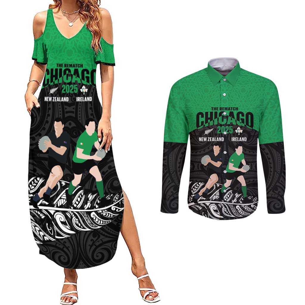 New Zealand and Ireland Rugby Custom Couples Matching Summer Maxi Dress and Long Sleeve Button Shirt Chicago 2025 Go All Black Shamrocks - Polynesian Pride
