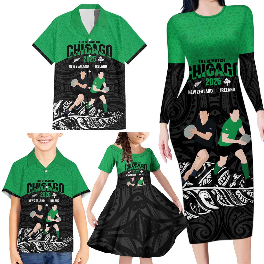 New Zealand and Ireland Rugby Custom Family Matching Long Sleeve Bodycon Dress and Hawaiian Shirt Chicago 2025 Go All Black Shamrocks - Polynesian Pride