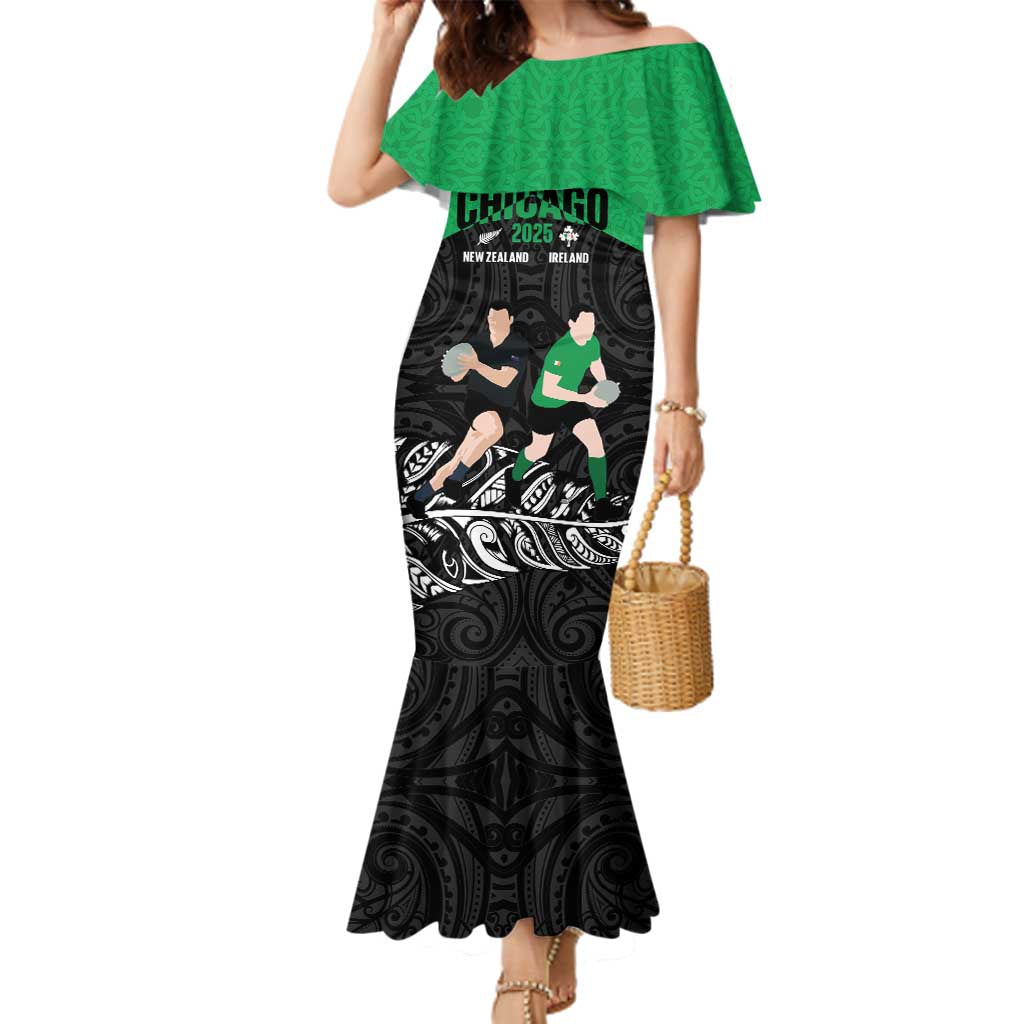 New Zealand and Ireland Rugby Custom Family Matching Mermaid Dress and Hawaiian Shirt Chicago 2025 Go All Black Shamrocks - Polynesian Pride