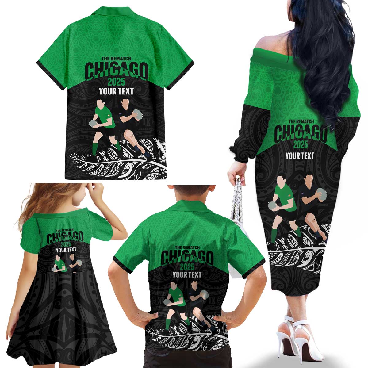 New Zealand and Ireland Rugby Custom Family Matching Off The Shoulder Long Sleeve Dress and Hawaiian Shirt Chicago 2025 Go All Black Shamrocks - Polynesian Pride