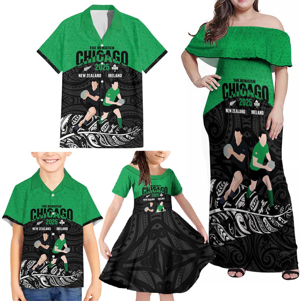 New Zealand and Ireland Rugby Custom Family Matching Off Shoulder Maxi Dress and Hawaiian Shirt Chicago 2025 Go All Black Shamrocks - Polynesian Pride