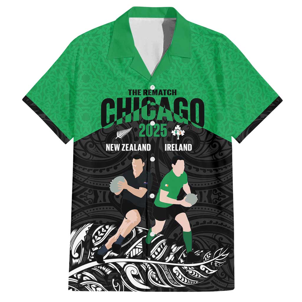 New Zealand and Ireland Rugby Custom Family Matching Off Shoulder Maxi Dress and Hawaiian Shirt Chicago 2025 Go All Black Shamrocks - Polynesian Pride