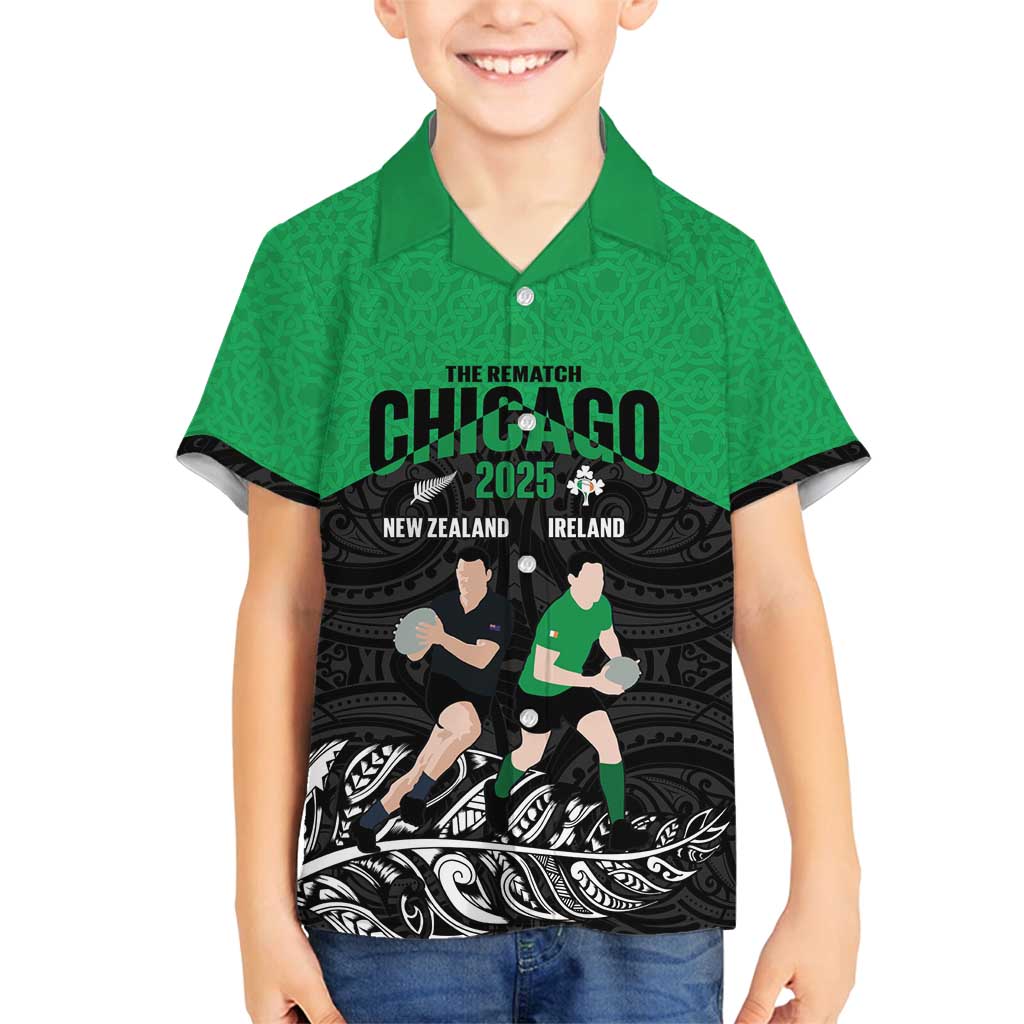 New Zealand and Ireland Rugby Custom Family Matching Off Shoulder Maxi Dress and Hawaiian Shirt Chicago 2025 Go All Black Shamrocks - Polynesian Pride