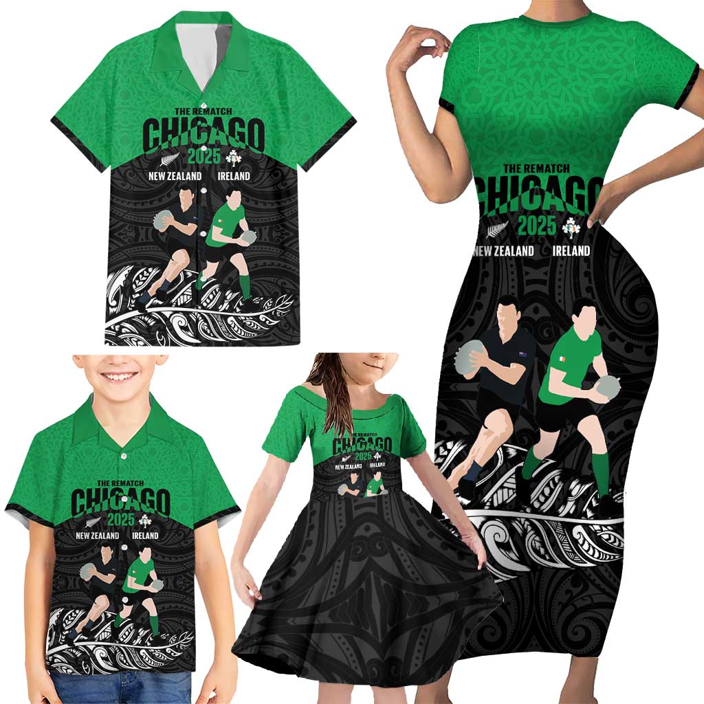 New Zealand and Ireland Rugby Custom Family Matching Short Sleeve Bodycon Dress and Hawaiian Shirt Chicago 2025 Go All Black Shamrocks - Polynesian Pride