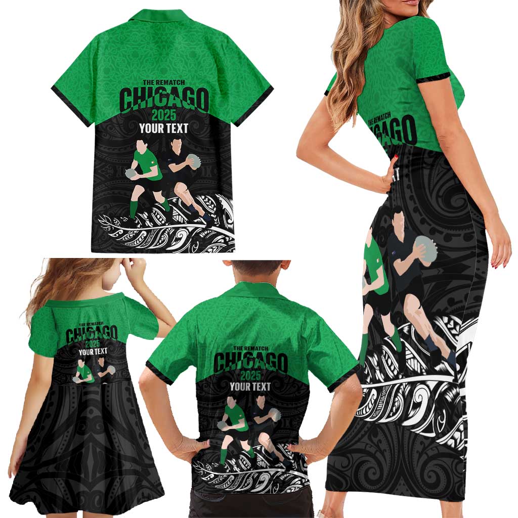 New Zealand and Ireland Rugby Custom Family Matching Short Sleeve Bodycon Dress and Hawaiian Shirt Chicago 2025 Go All Black Shamrocks - Polynesian Pride