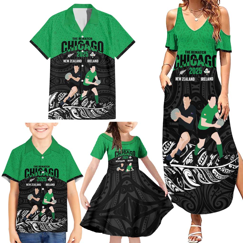 New Zealand and Ireland Rugby Custom Family Matching Summer Maxi Dress and Hawaiian Shirt Chicago 2025 Go All Black Shamrocks - Polynesian Pride
