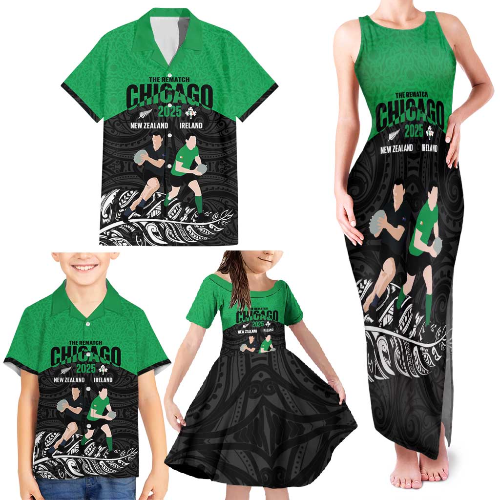 New Zealand and Ireland Rugby Custom Family Matching Tank Maxi Dress and Hawaiian Shirt Chicago 2025 Go All Black Shamrocks - Polynesian Pride