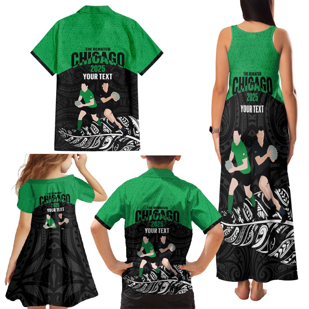 New Zealand and Ireland Rugby Custom Family Matching Tank Maxi Dress and Hawaiian Shirt Chicago 2025 Go All Black Shamrocks - Polynesian Pride