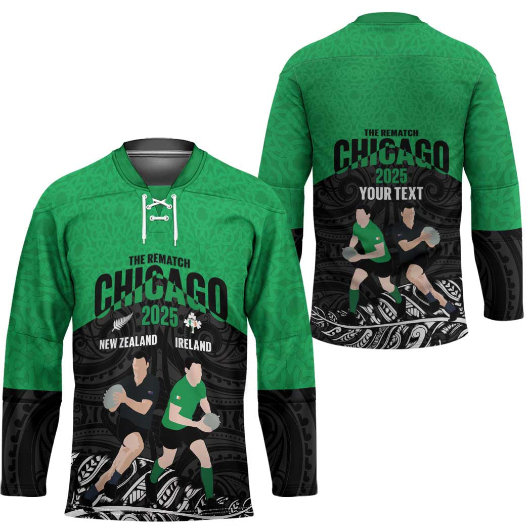 New Zealand and Ireland Rugby Custom Hockey Jersey Chicago 2025 Go All Black Shamrocks - Polynesian Pride