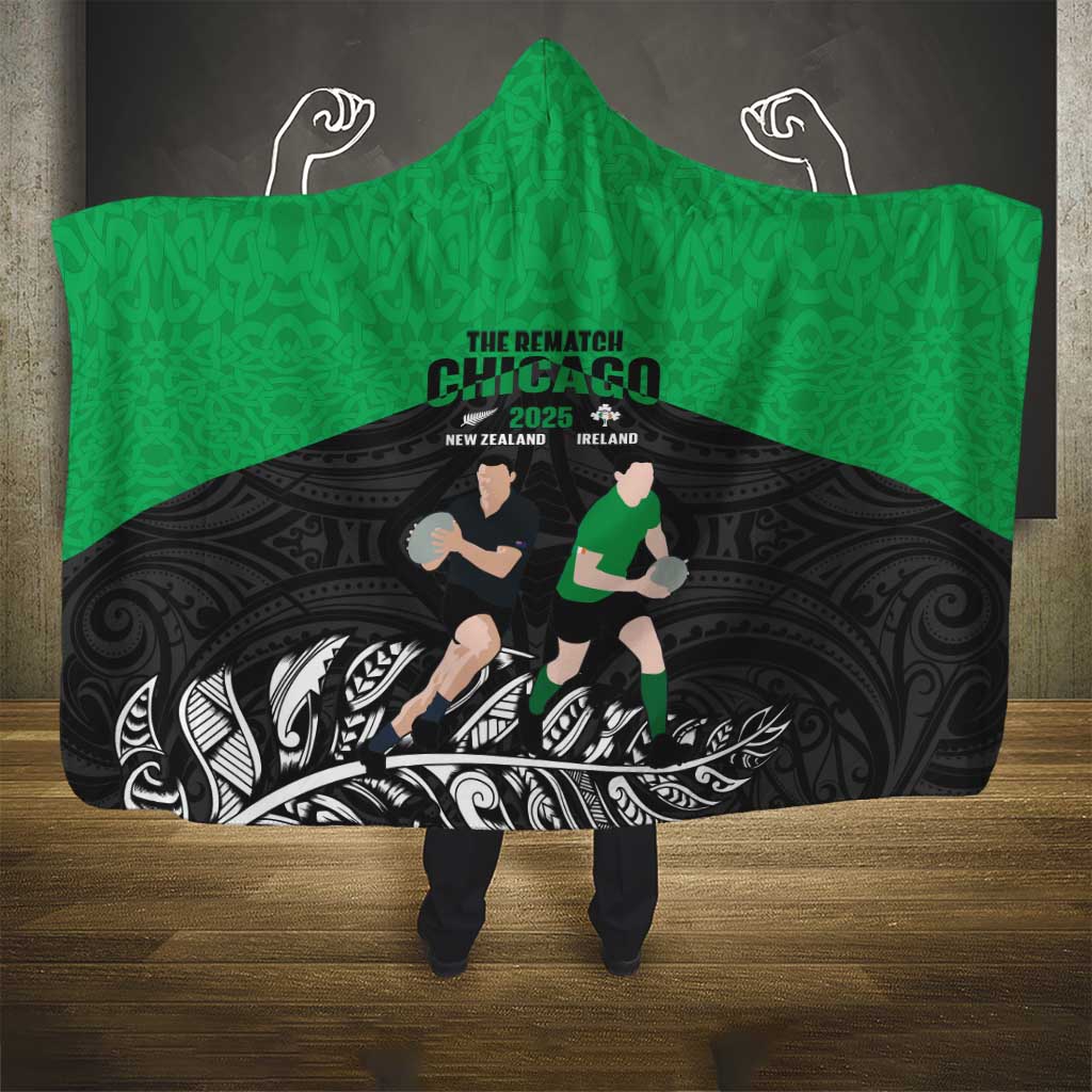 New Zealand and Ireland Rugby Hooded Blanket Chicago 2025 Go All Black Shamrocks - Polynesian Pride