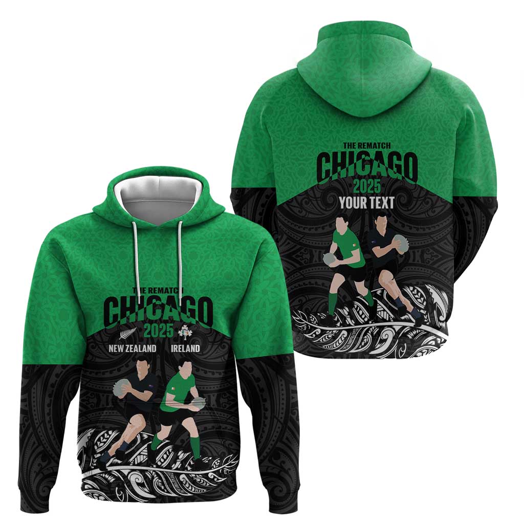 New Zealand and Ireland Rugby Custom Hoodie Chicago 2025 Go All Black Shamrocks - Polynesian Pride