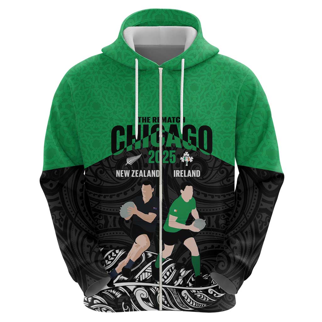 New Zealand and Ireland Rugby Custom Hoodie Chicago 2025 Go All Black Shamrocks - Polynesian Pride
