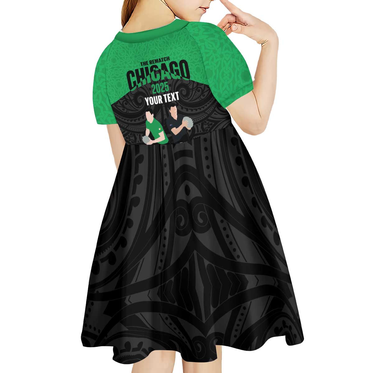 New Zealand and Ireland Rugby Custom Kid Short Sleeve Dress Chicago 2025 Go All Black Shamrocks - Polynesian Pride