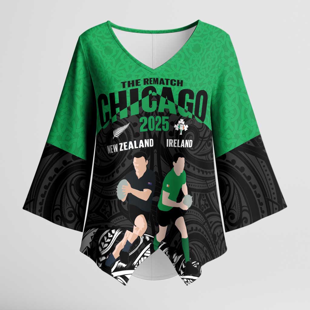 New Zealand and Ireland Rugby Custom Kimono Sleeve Blouse Chicago 2025 Go All Black Shamrocks - Polynesian Pride