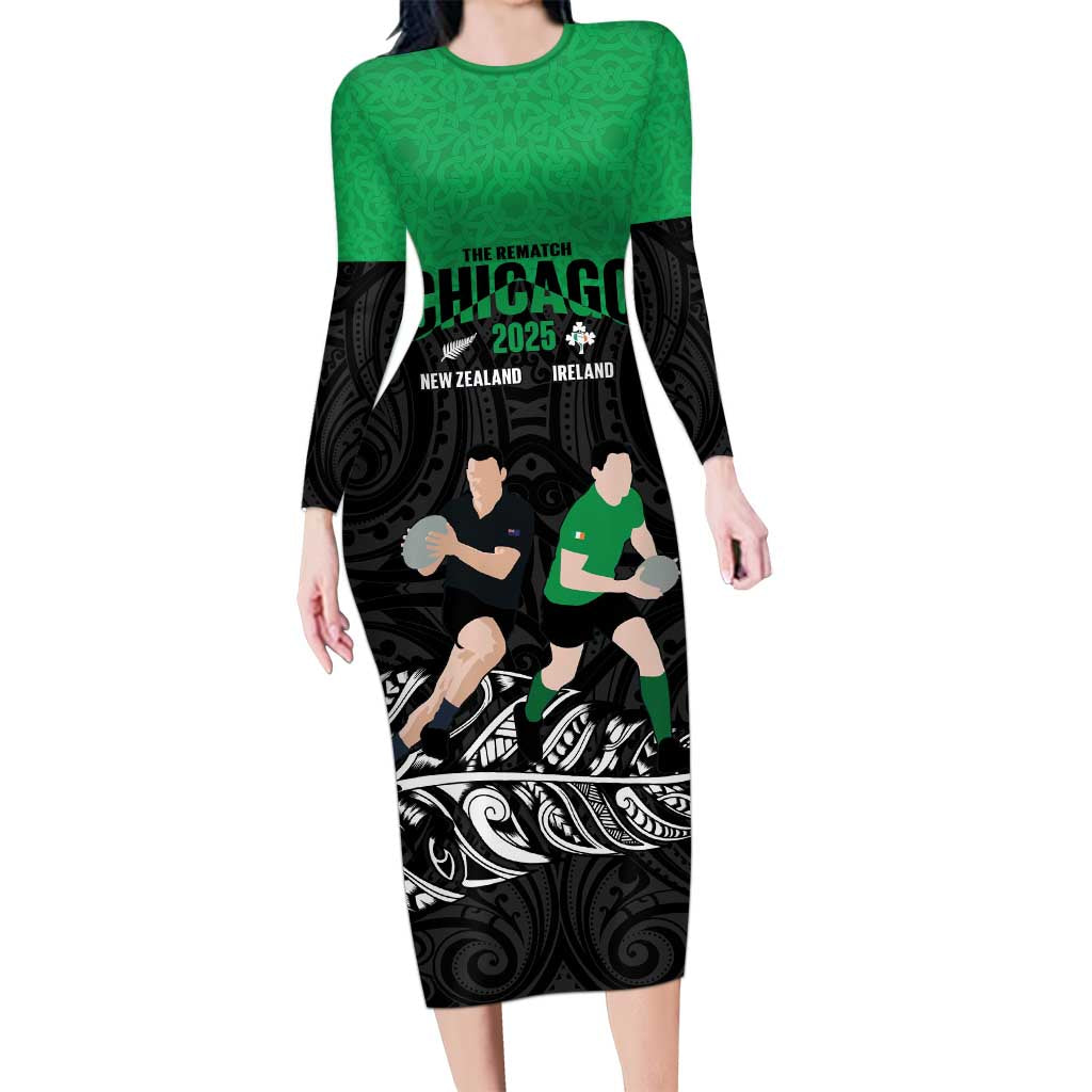 New Zealand and Ireland Rugby Custom Long Sleeve Bodycon Dress Chicago 2025 Go All Black Shamrocks - Polynesian Pride
