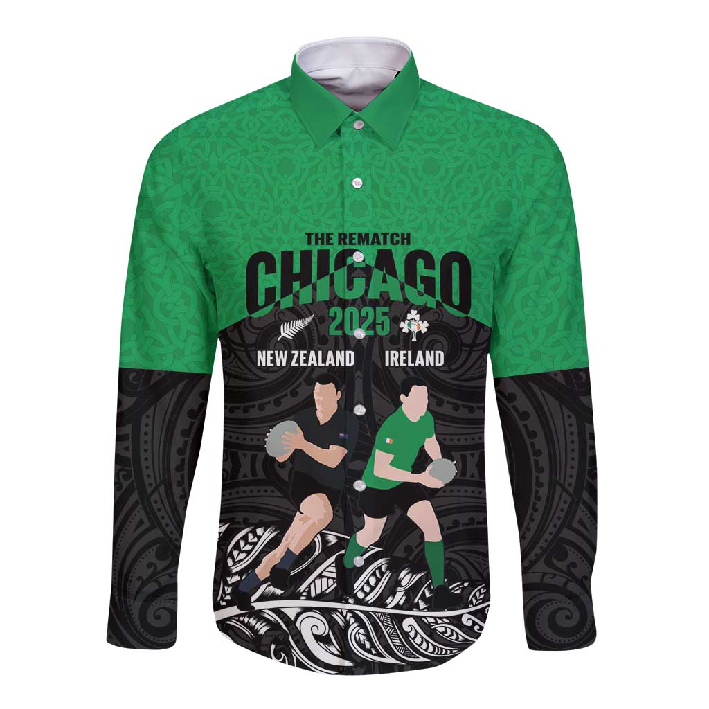 New Zealand and Ireland Rugby Custom Long Sleeve Button Shirt Chicago 2025 Go All Black Shamrocks - Polynesian Pride