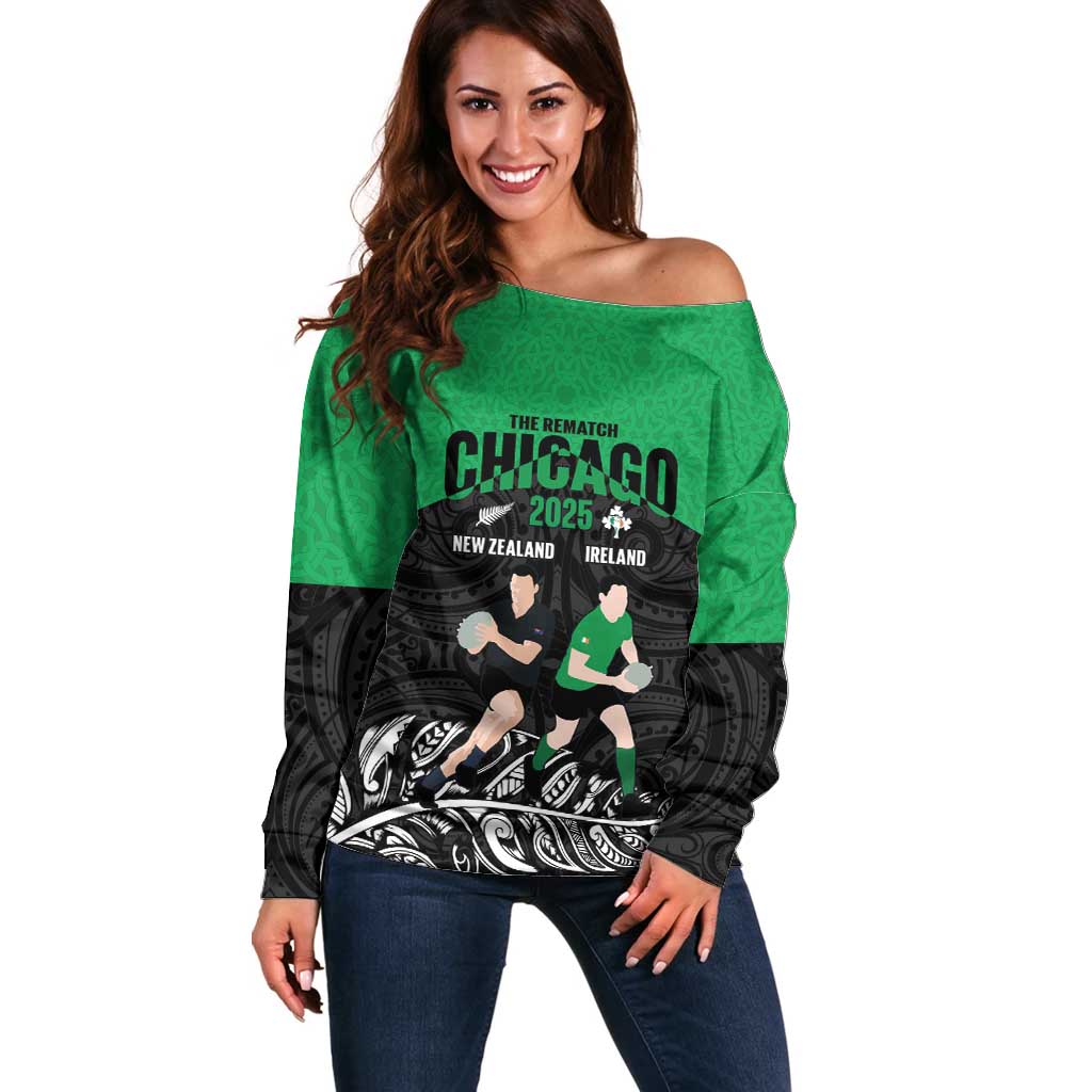 New Zealand and Ireland Rugby Custom Off Shoulder Sweater Chicago 2025 Go All Black Shamrocks - Polynesian Pride