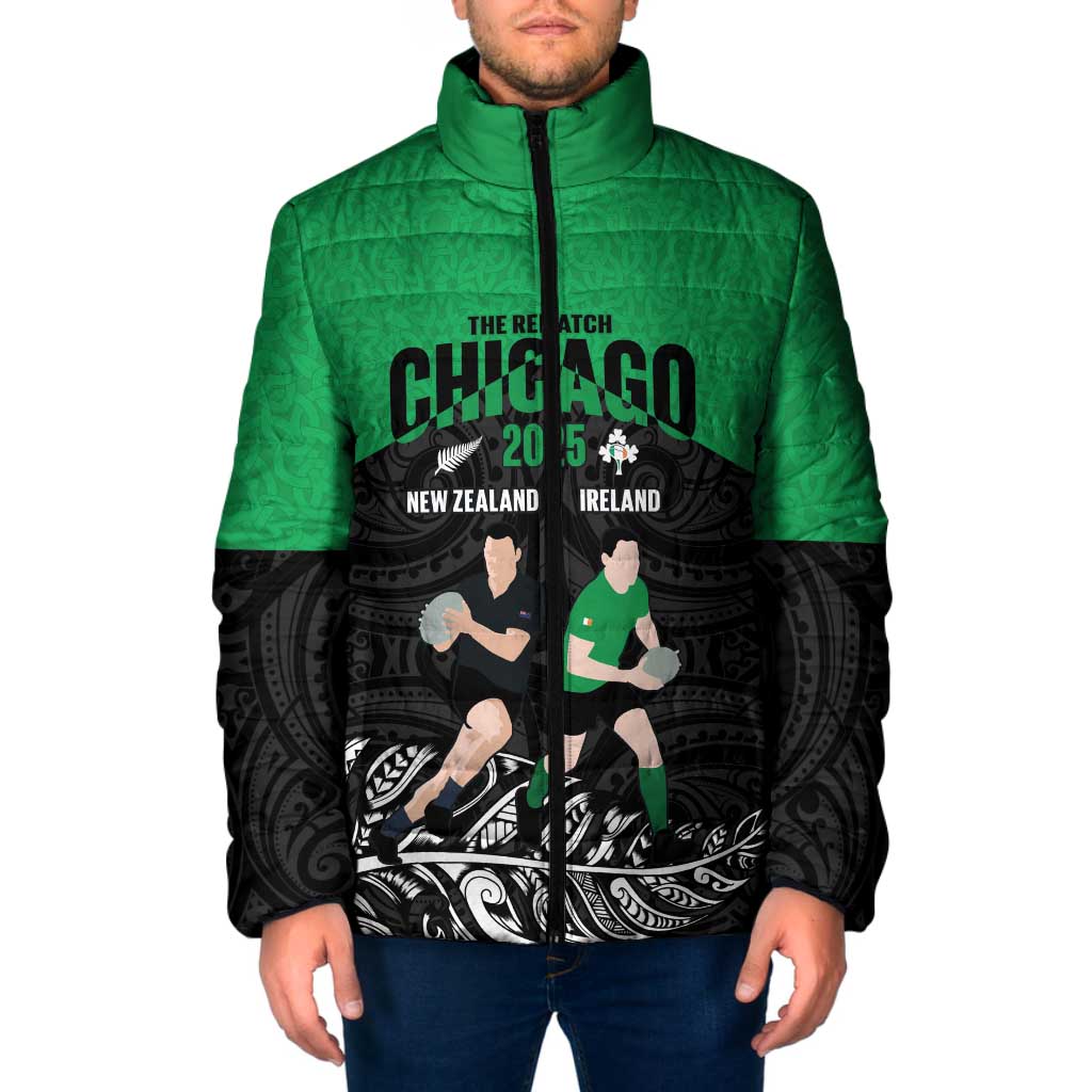 New Zealand and Ireland Rugby Custom Padded Jacket Chicago 2025 Go All Black Shamrocks - Polynesian Pride
