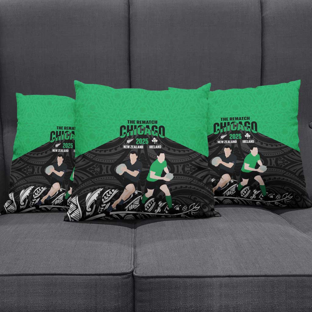 New Zealand and Ireland Rugby Pillow Cover Chicago 2025 Go All Black Shamrocks - Polynesian Pride