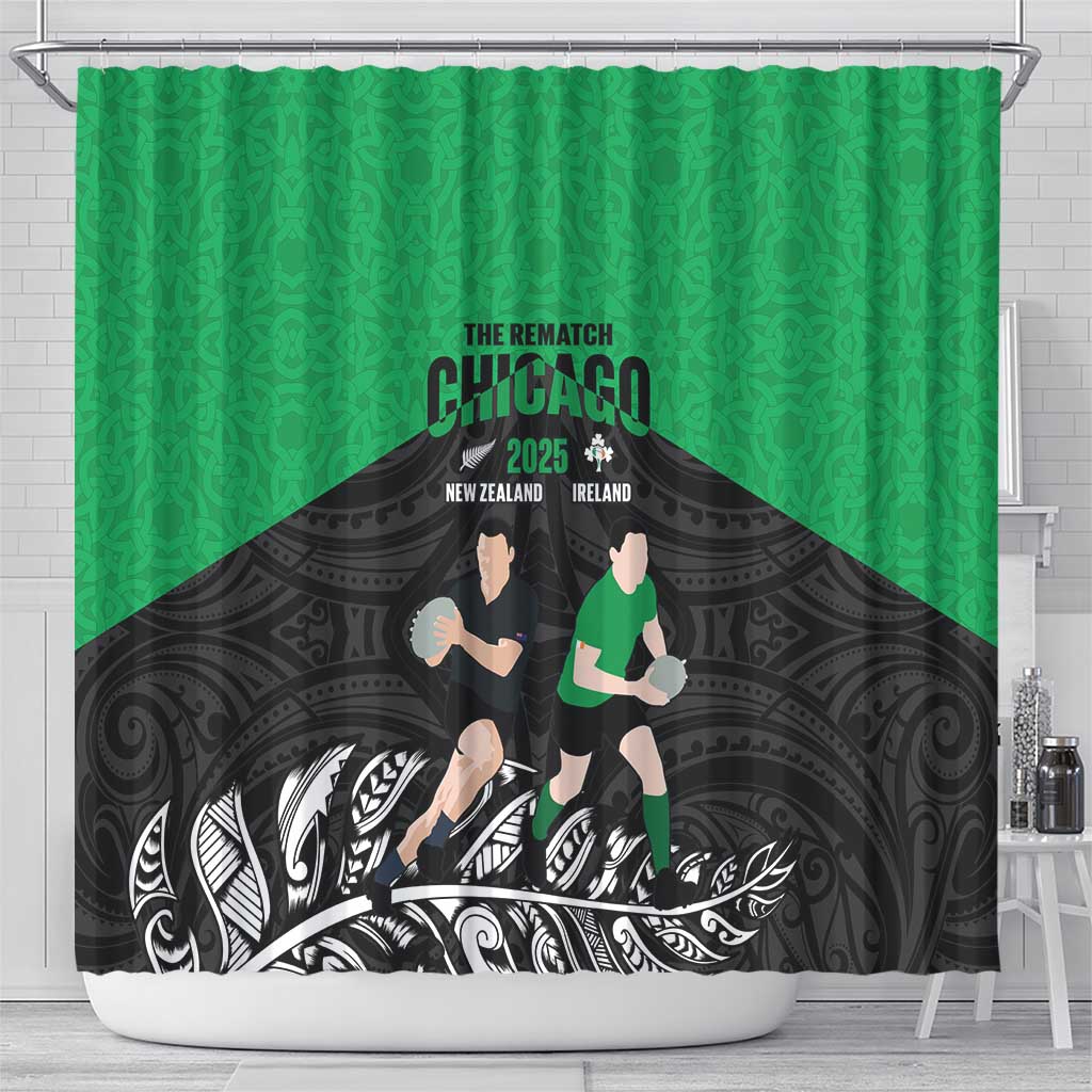 New Zealand and Ireland Rugby Shower Curtain Chicago 2025 Go All Black Shamrocks - Polynesian Pride