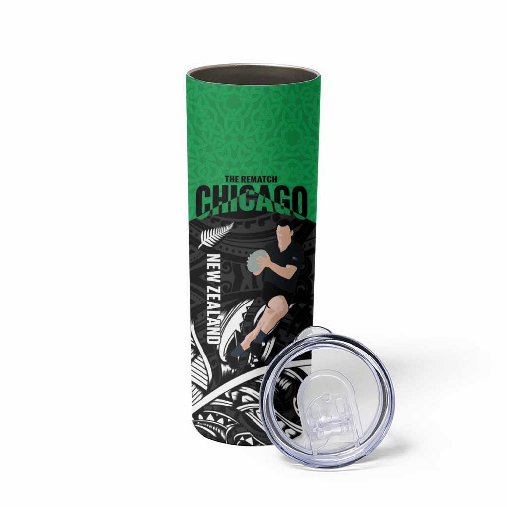 New Zealand and Ireland Rugby Skinny Tumbler Chicago 2025 Go All Black Shamrocks - Polynesian Pride
