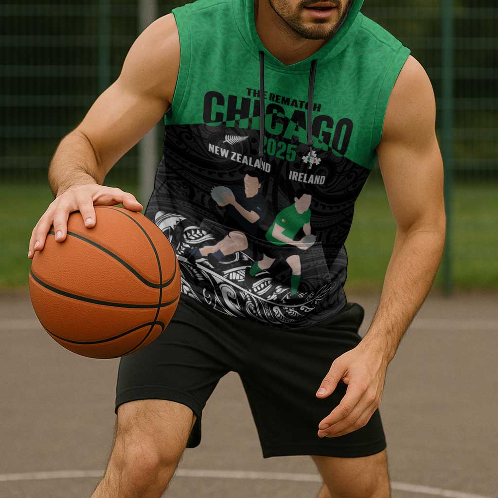 New Zealand and Ireland Rugby Custom Sleeveless Hoodie Chicago 2025 Go All Black Shamrocks - Polynesian Pride