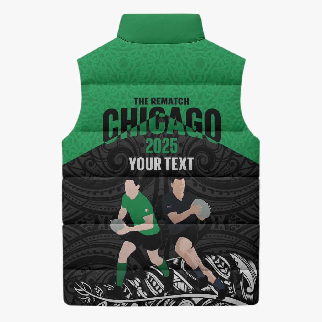 New Zealand and Ireland Rugby Custom Sleeveless Puffer Jacket Chicago 2025 Go All Black Shamrocks - Polynesian Pride