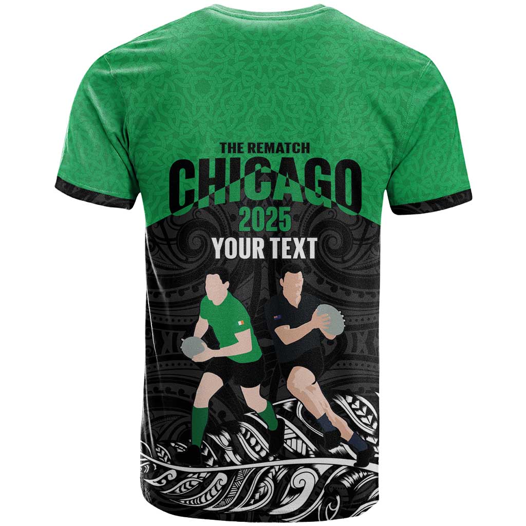 New Zealand and Ireland Rugby Custom T Shirt Chicago 2025 Go All Black Shamrocks - Polynesian Pride