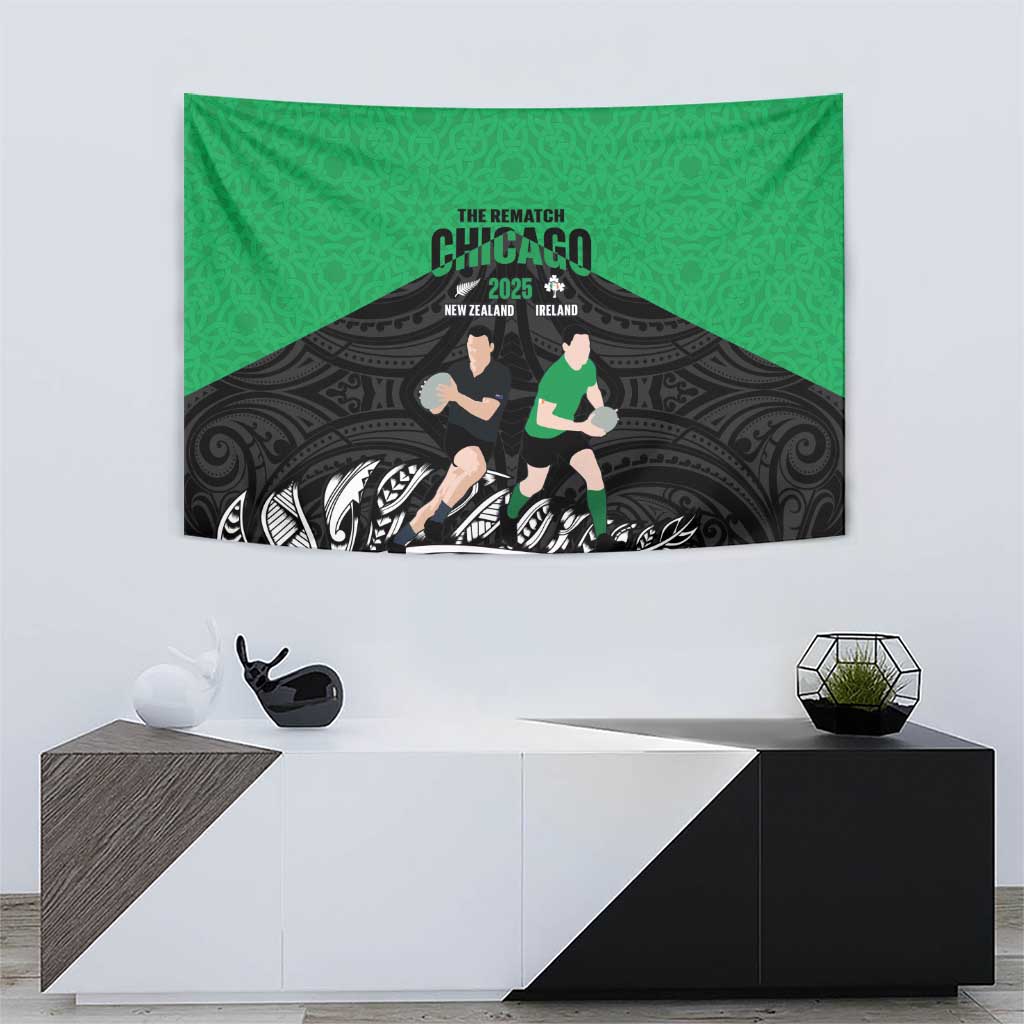 New Zealand and Ireland Rugby Tapestry Chicago 2025 Go All Black Shamrocks - Polynesian Pride