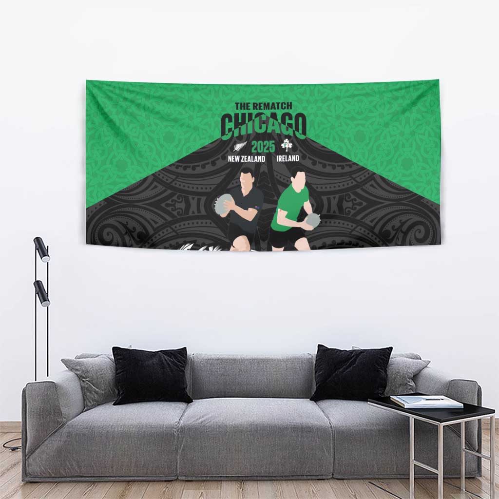 New Zealand and Ireland Rugby Tapestry Chicago 2025 Go All Black Shamrocks - Polynesian Pride