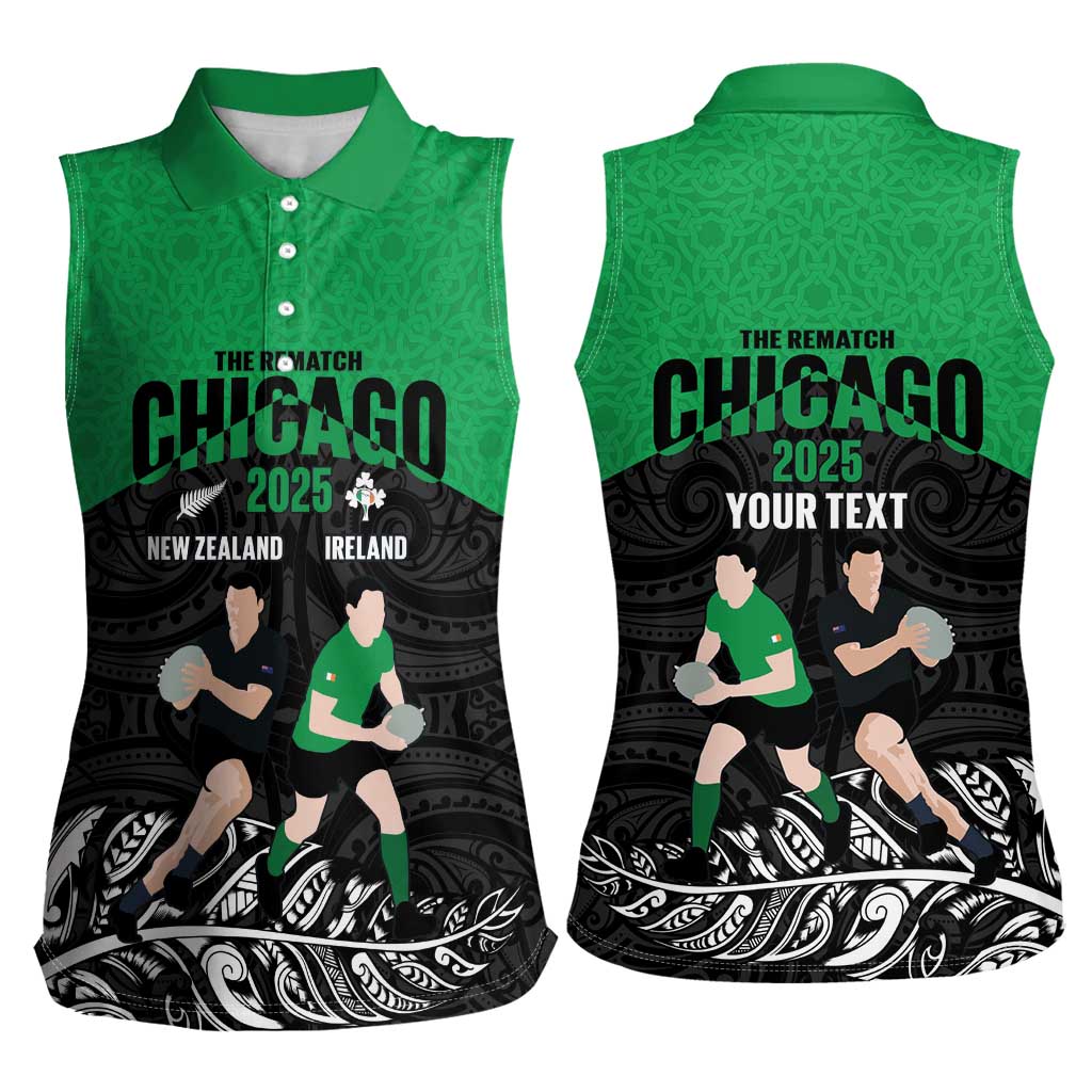 New Zealand and Ireland Rugby Custom Women Sleeveless Polo Shirt Chicago 2025 Go All Black Shamrocks - Polynesian Pride