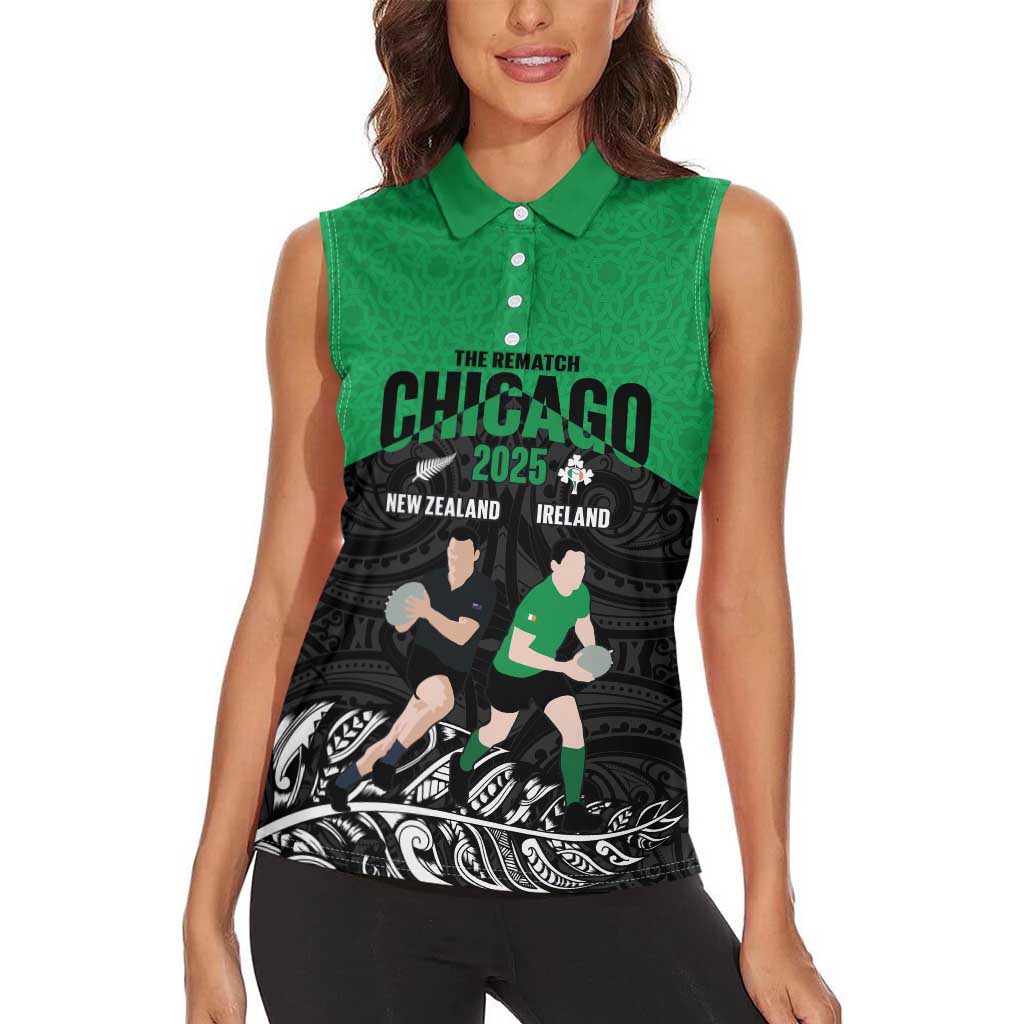 New Zealand and Ireland Rugby Custom Women Sleeveless Polo Shirt Chicago 2025 Go All Black Shamrocks - Polynesian Pride